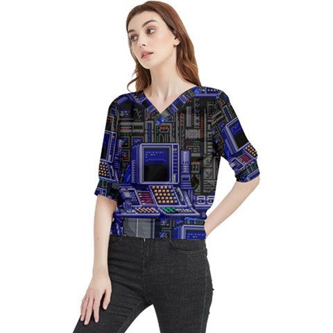 Blue Computer Monitor With Chair Game Digital Art Quarter Sleeve Blouse by Bedest