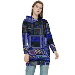 Blue Computer Monitor With Chair Game Digital Art Women s Long Oversized Pullover Hoodie by Bedest