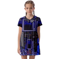 Blue Computer Monitor With Chair Game Digital Art Kids  Asymmetric Collar Dress by Bedest