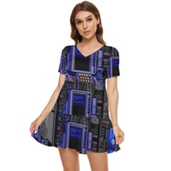 Blue Computer Monitor With Chair Game Digital Art Tiered Short Sleeve Babydoll Dress by Bedest