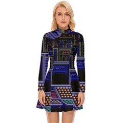 Blue Computer Monitor With Chair Game Digital Art Long Sleeve Velour Longline Dress by Bedest