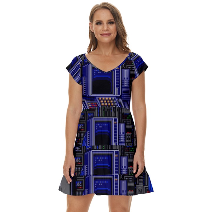 Blue Computer Monitor With Chair Game Digital Art Short Sleeve Tiered Mini Dress