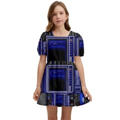 Blue Computer Monitor With Chair Game Digital Art Kids  Short Sleeve Dolly Dress by Bedest