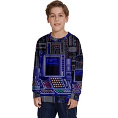 Blue Computer Monitor With Chair Game Digital Art Kids  Crewneck Sweatshirt by Bedest