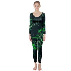 Green And Black Abstract Digital Art Long Sleeve Catsuit by Bedest