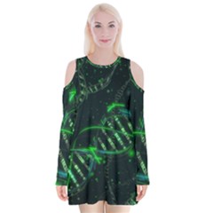 Green And Black Abstract Digital Art Velvet Long Sleeve Shoulder Cutout Dress by Bedest