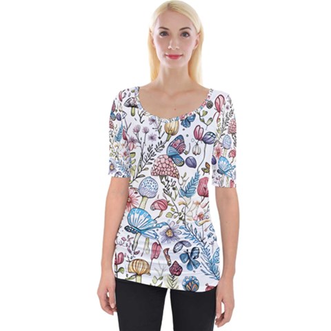 Mushroom Pattern Wide Neckline T-shirt by Valentinaart