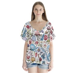 Mushroom Pattern V-neck Flutter Sleeve Top by Valentinaart