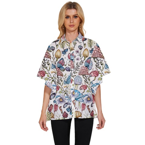 Mushroom Pattern Women s Batwing Button Up Shirt by Valentinaart