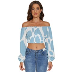 Cow Print, Aesthetic, Y, Blue, Baby Blue, Pattern, Simple Long Sleeve Crinkled Weave Crop Top