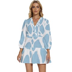 Cow Print, Aesthetic, Y, Blue, Baby Blue, Pattern, Simple V-neck Placket Mini Dress by nateshop