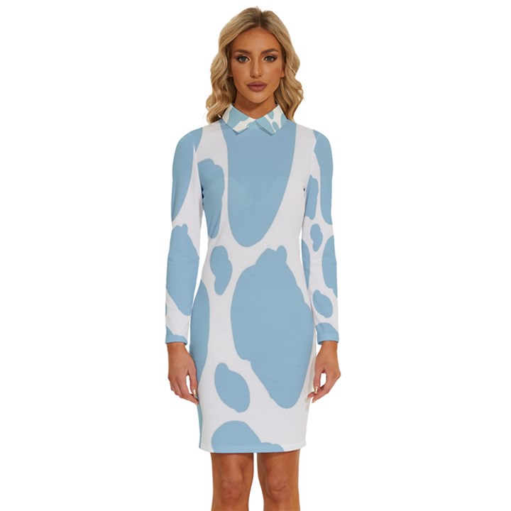 Cow Print, Aesthetic, Y, Blue, Baby Blue, Pattern, Simple Long Sleeve Shirt Collar Bodycon Dress