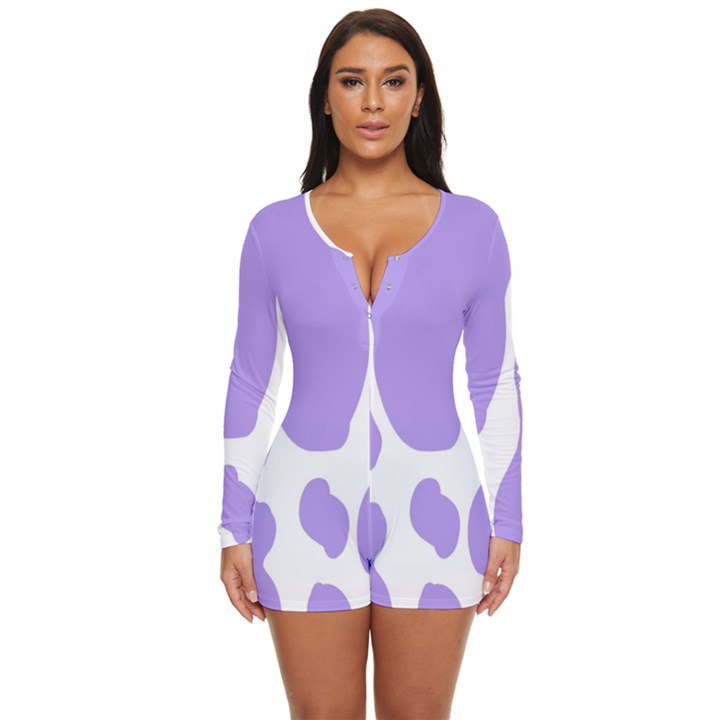 Cow Print, Aesthetic,Violelilac, Animal, Purple, Simple Long Sleeve Boyleg Swimsuit