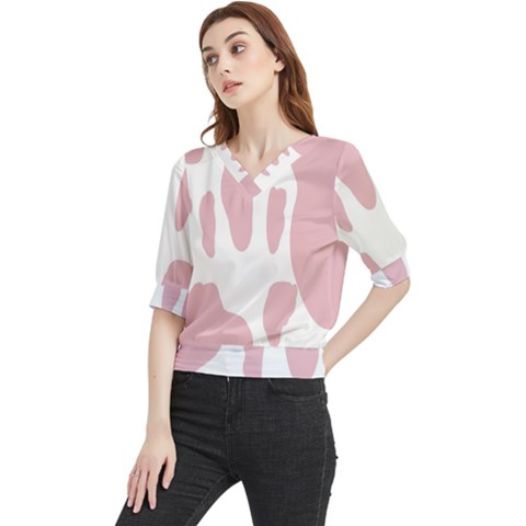 Cow Print, Pink, Design, Pattern, Animal, Baby Pink, Simple, Quarter Sleeve Blouse by nateshop