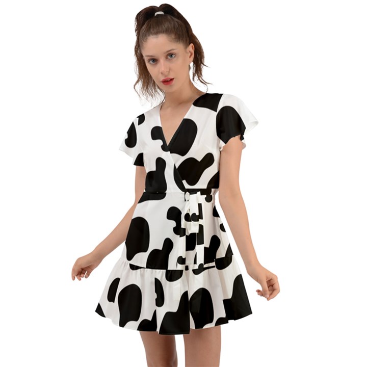 Black And White Cow Print,Wallpaper Flutter Sleeve Wrap Dress