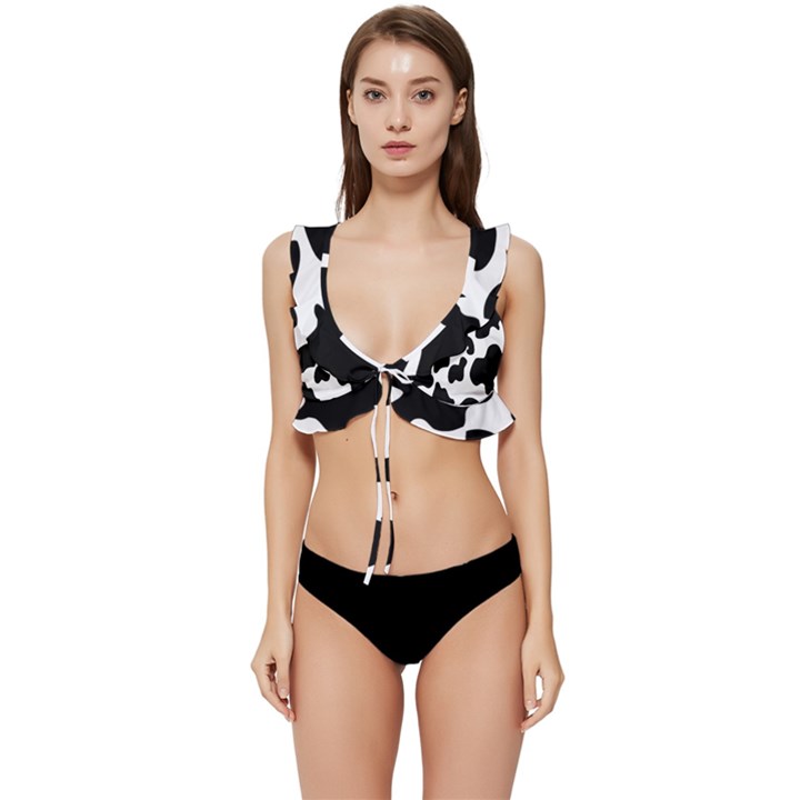 Black And White Cow Print,Wallpaper Low Cut Ruffle Edge Bikini Top