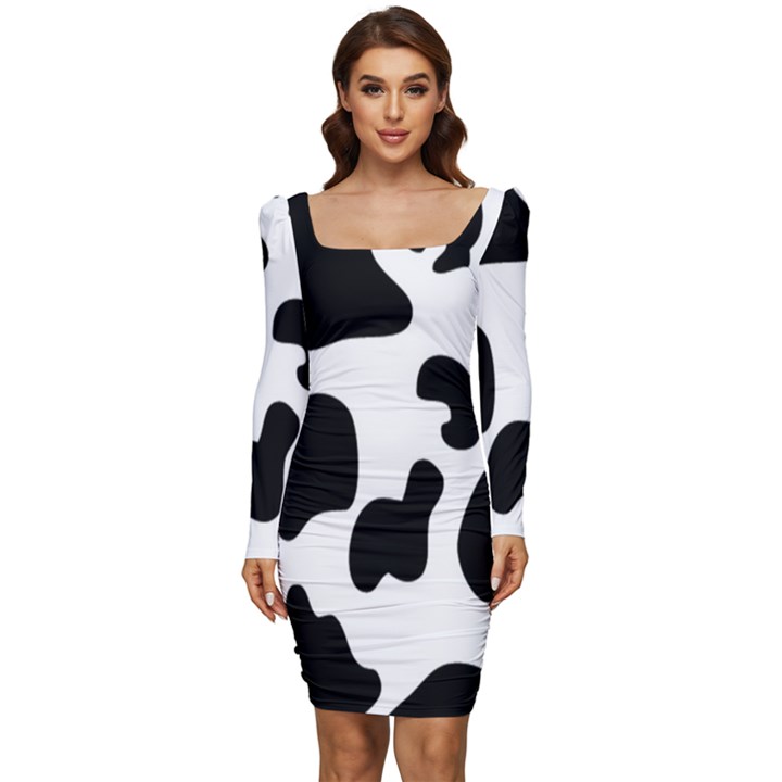 Black And White Cow Print,Wallpaper Women Long Sleeve Ruched Stretch Jersey Dress