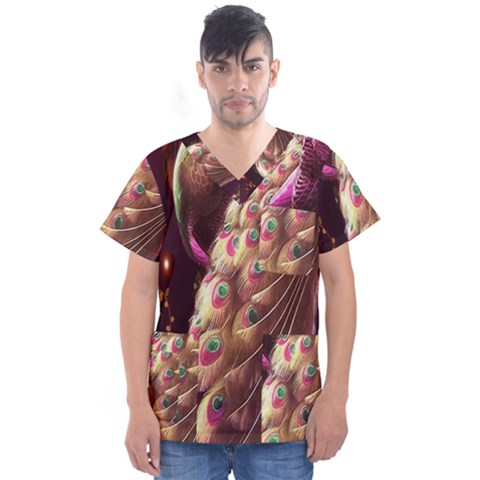 Peacock Dream, Fantasy, Flower, Girly, Peacocks, Pretty Men s V-neck Scrub Top by nateshop