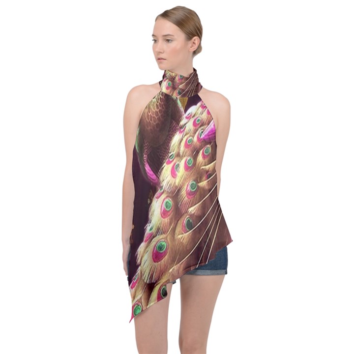 Peacock Dream, Fantasy, Flower, Girly, Peacocks, Pretty Halter Asymmetric Satin Top