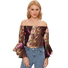 Peacock Dream, Fantasy, Flower, Girly, Peacocks, Pretty Off Shoulder Flutter Bell Sleeve Top by nateshop