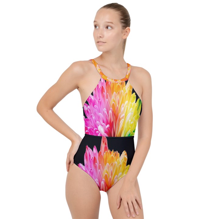 Abstract, Amoled, Back, Flower, Green Love, Orange, Pink, High Neck One Piece Swimsuit