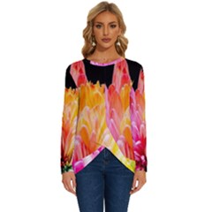 Abstract, Amoled, Back, Flower, Green Love, Orange, Pink, Long Sleeve Crew Neck Pullover Top