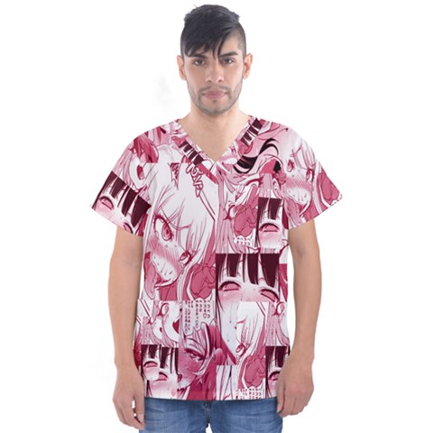 Ahegao Pink, Anime, Girl, Girlface, Girls, Pattern, White, Hd Men s V-neck Scrub Top by nateshop