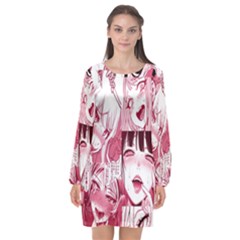 Ahegao Pink, Anime, Girl, Girlface, Girls, Pattern, White, Hd Long Sleeve Chiffon Shift Dress 