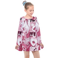 Ahegao Pink, Anime, Girl, Girlface, Girls, Pattern, White, Hd Kids  Long Sleeve Dress by nateshop