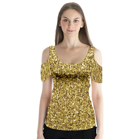 Gold Glittering Background Gold Glitter Texture, Close-up Butterfly Sleeve Cutout T-shirt  by nateshop