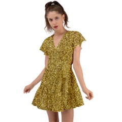 Gold Glittering Background Gold Glitter Texture, Close-up Flutter Sleeve Wrap Dress by nateshop