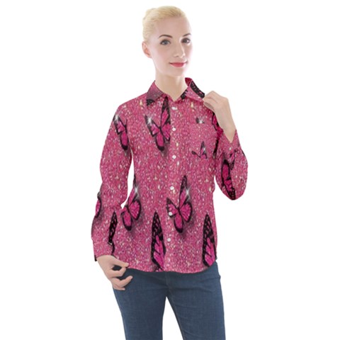 Butterfly, Girl, Pink, Wallpaper Women s Long Sleeve Pocket Shirt by nateshop