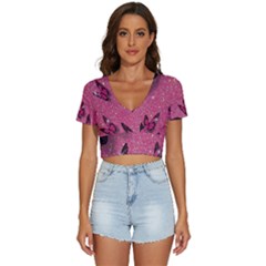 Butterfly, Girl, Pink, Wallpaper V-neck Crop Top by nateshop