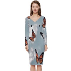 Aesthetic Butterfly , Butterflies, Nature, Long Sleeve V-neck Bodycon Dress  by nateshop