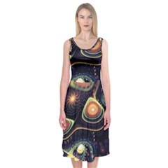 Psychedelic Trippy Abstract 3d Digital Art Midi Sleeveless Dress by Bedest