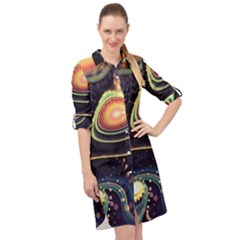 Psychedelic Trippy Abstract 3d Digital Art Long Sleeve Mini Shirt Dress by Bedest