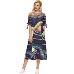 Psychedelic Trippy Abstract 3d Digital Art Bow Sleeve Chiffon Midi Dress by Bedest