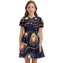 Psychedelic Trippy Abstract 3d Digital Art Kids  Bow Tie Puff Sleeve Dress by Bedest