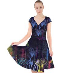 Art Design Graphic Neon Tree Artwork Cap Sleeve Front Wrap Midi Dress by Bedest