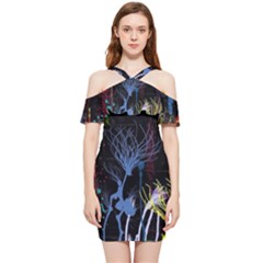 Art Design Graphic Neon Tree Artwork Shoulder Frill Bodycon Summer Dress by Bedest