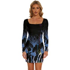 Art Design Graphic Neon Tree Artwork Long Sleeve Square Neck Bodycon Velvet Dress by Bedest