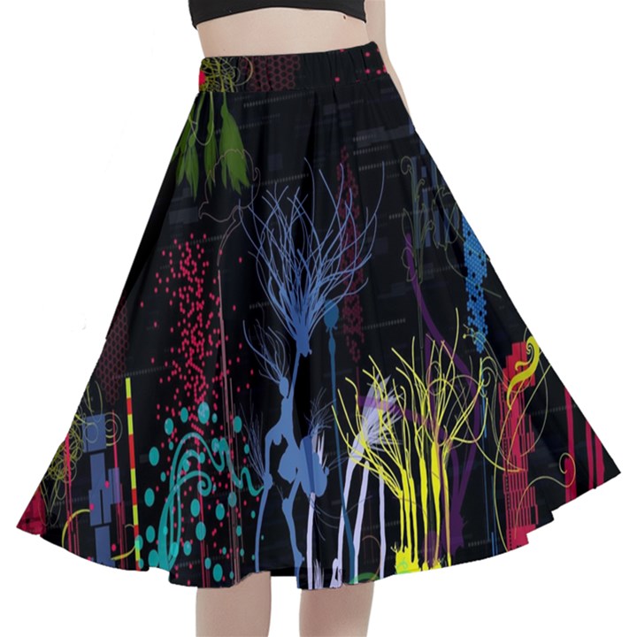 Art Design Graphic Neon Tree artwork A-Line Full Circle Midi Skirt With Pocket