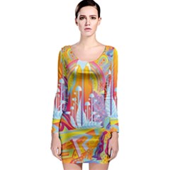 Multicolored Optical Illusion Painting Psychedelic Digital Art Long Sleeve Bodycon Dress by Bedest