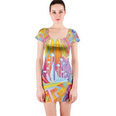 Multicolored Optical Illusion Painting Psychedelic Digital Art Short Sleeve Bodycon Dress by Bedest