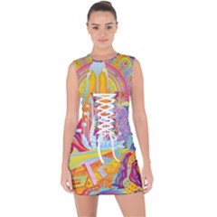 Multicolored Optical Illusion Painting Psychedelic Digital Art Lace Up Front Bodycon Dress by Bedest