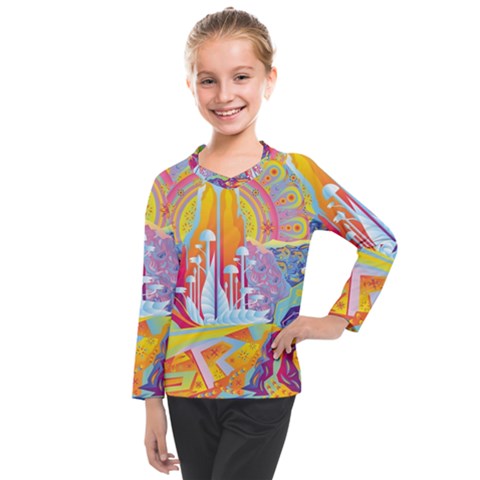 Multicolored Optical Illusion Painting Psychedelic Digital Art Kids  Long Mesh T-shirt by Bedest