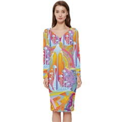 Multicolored Optical Illusion Painting Psychedelic Digital Art Long Sleeve V-neck Bodycon Dress  by Bedest