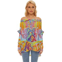 Multicolored Optical Illusion Painting Psychedelic Digital Art Off Shoulder Chiffon Pocket Shirt by Bedest