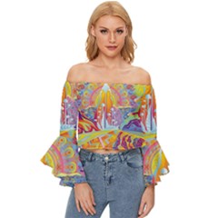 Multicolored Optical Illusion Painting Psychedelic Digital Art Off Shoulder Flutter Bell Sleeve Top