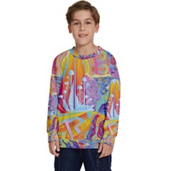 Multicolored Optical Illusion Painting Psychedelic Digital Art Kids  Crewneck Sweatshirt by Bedest